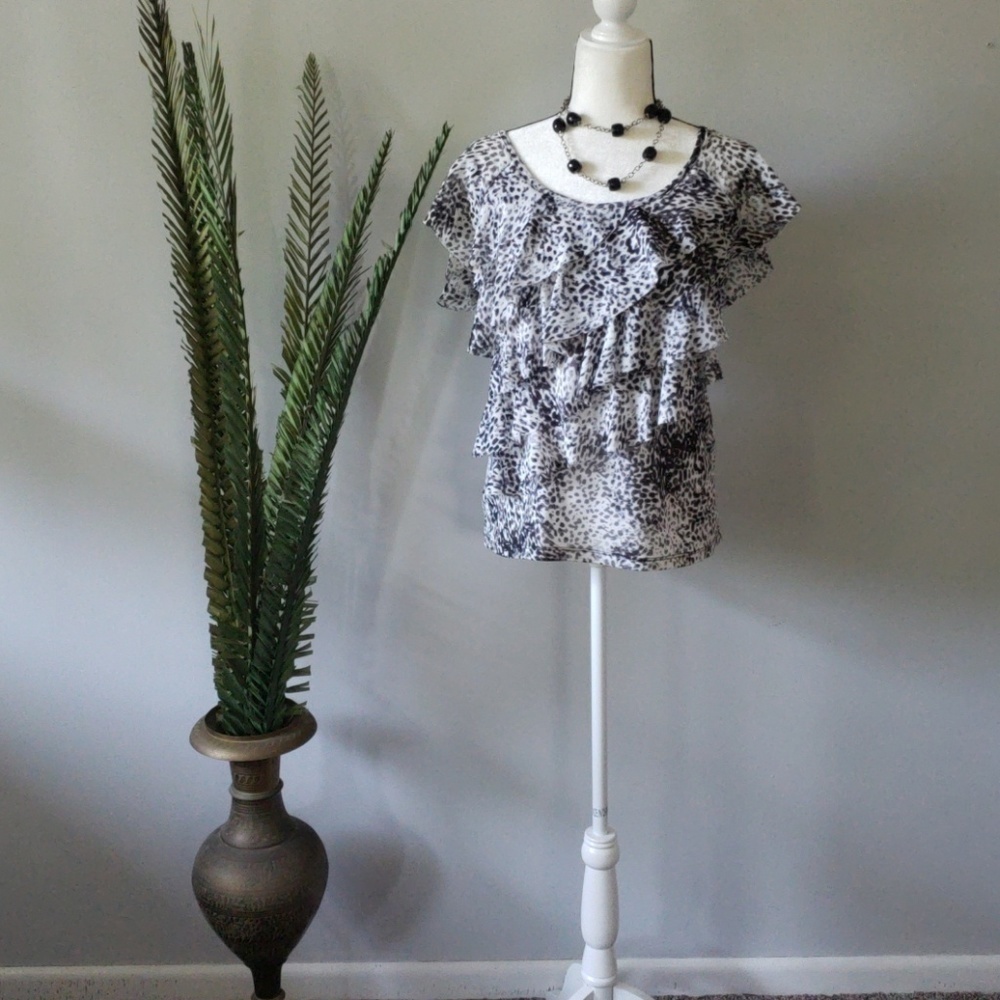 AB Studio black and white print blouse with ruffle accents